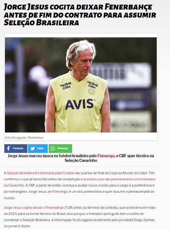 Brezilya basınından flaş iddia! Jorge Jesus Brezilya Milli Takımı için Fenerbahçe’den ayrılmayı düşünüyor