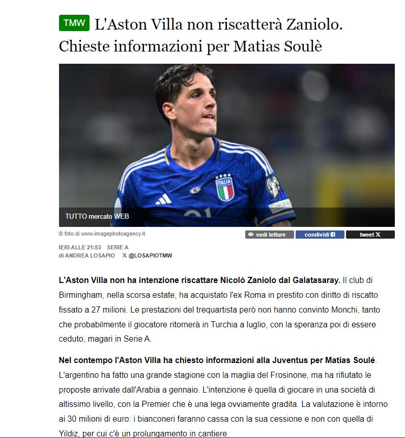 TRANSFER HABERİ | Aston Villa’dan Nicolo Zaniolo kararı! Bonservisi alınacak mı?