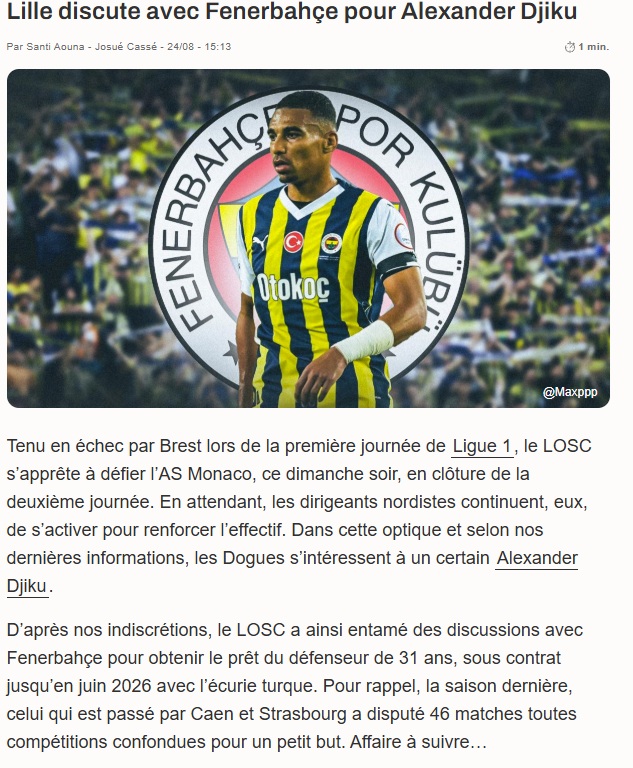 FENERBAHÇE TRANSFER HABERLERİ: Lille Alexander Djiku için görüşmelere başladı!