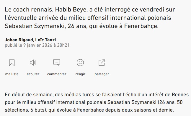 Rennes Teknik Direktörü’nden Habib Geye’den Szymanski açıklaması!