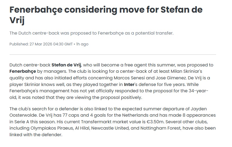Fenerbahçe’ye Hollandalı stoper! Skriniar ile yeniden buluşacaklar
